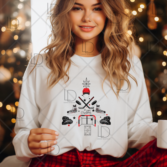 Christmas Ice Hockey Tree PNG ONLY Instant Download Sublimation Image Tumbler Hoodie Crew Neck Car Decal Shirt